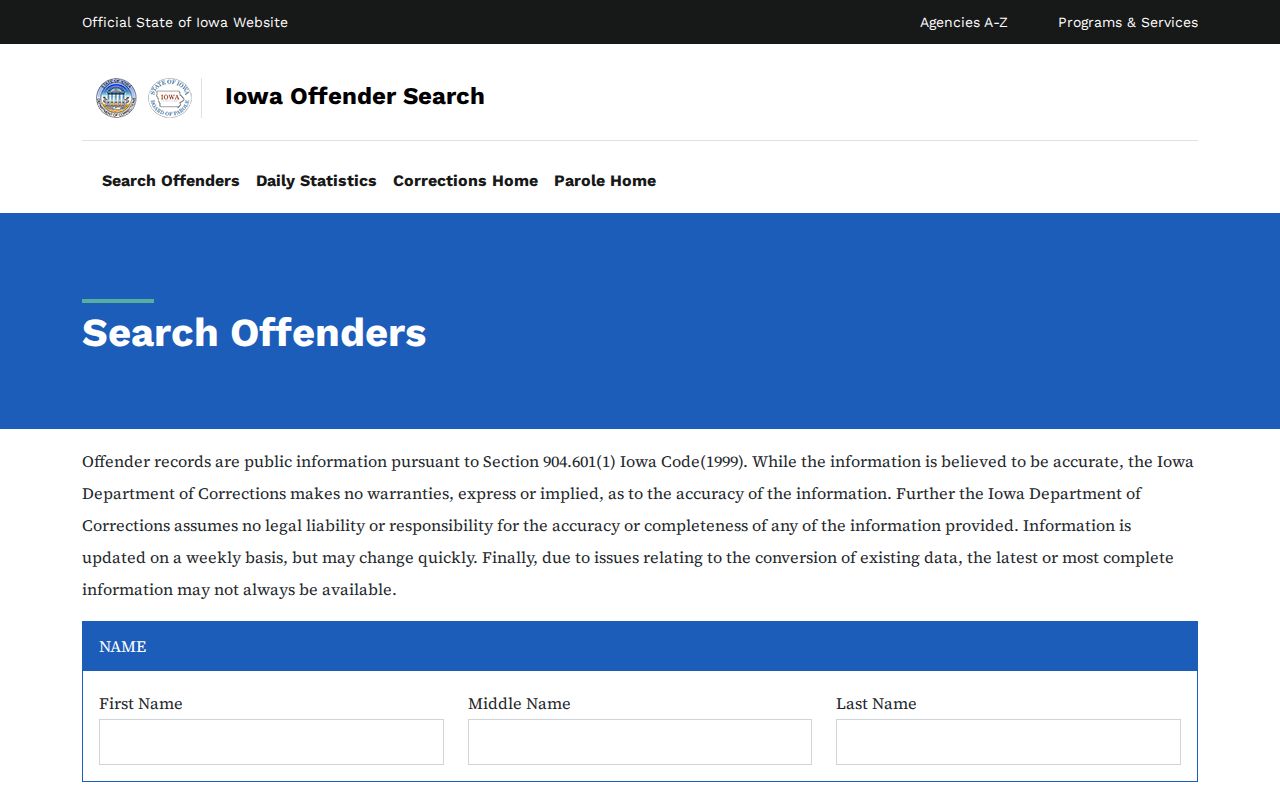 Iowa DOC search fields for Audubon County corrections records