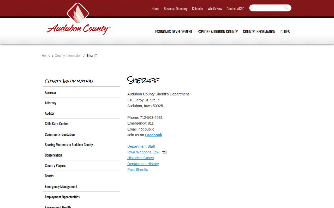 Audubon County sheriff booking record and custody contact page